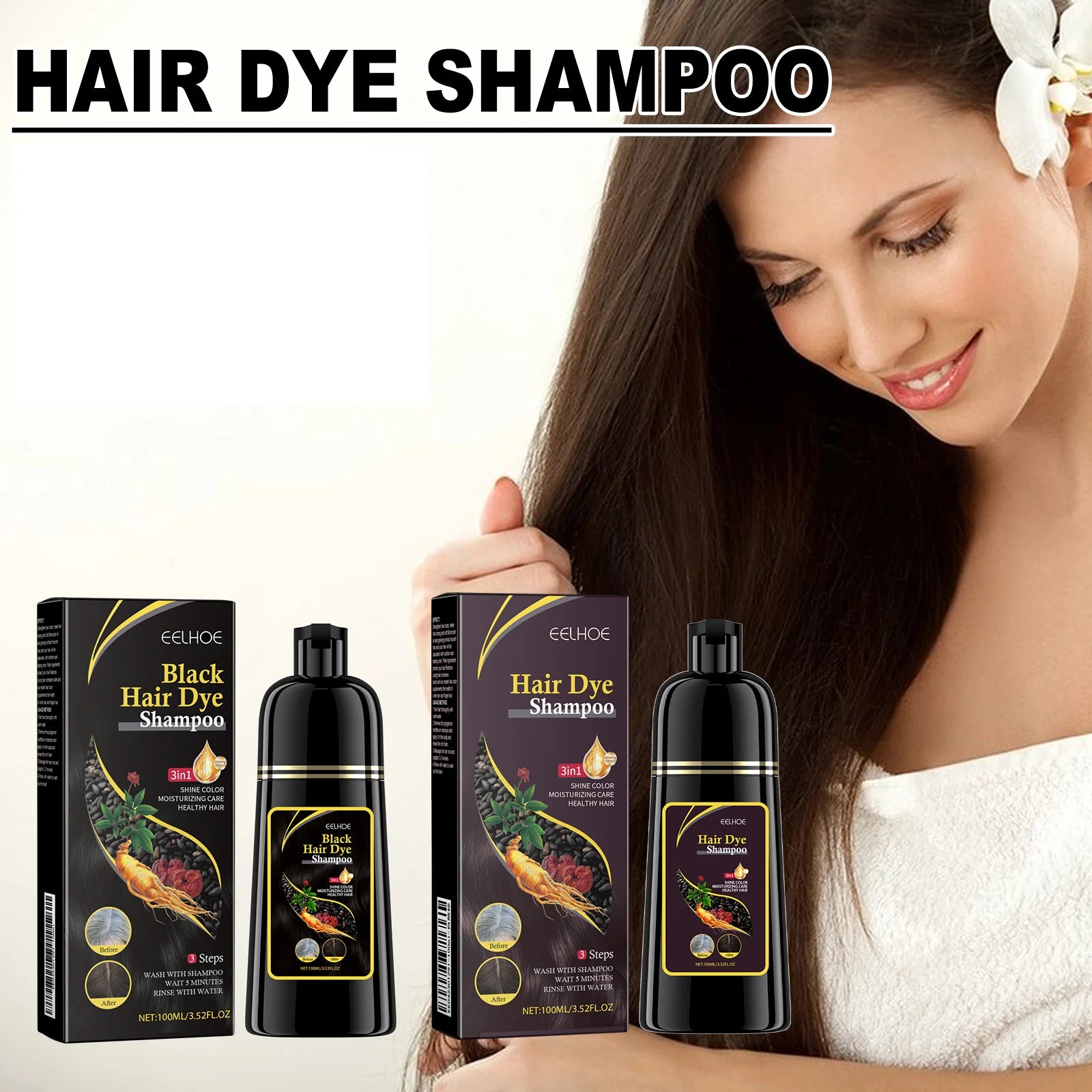 EELHOE 3-in-1 Hair Dye Shampoo – Dark Black